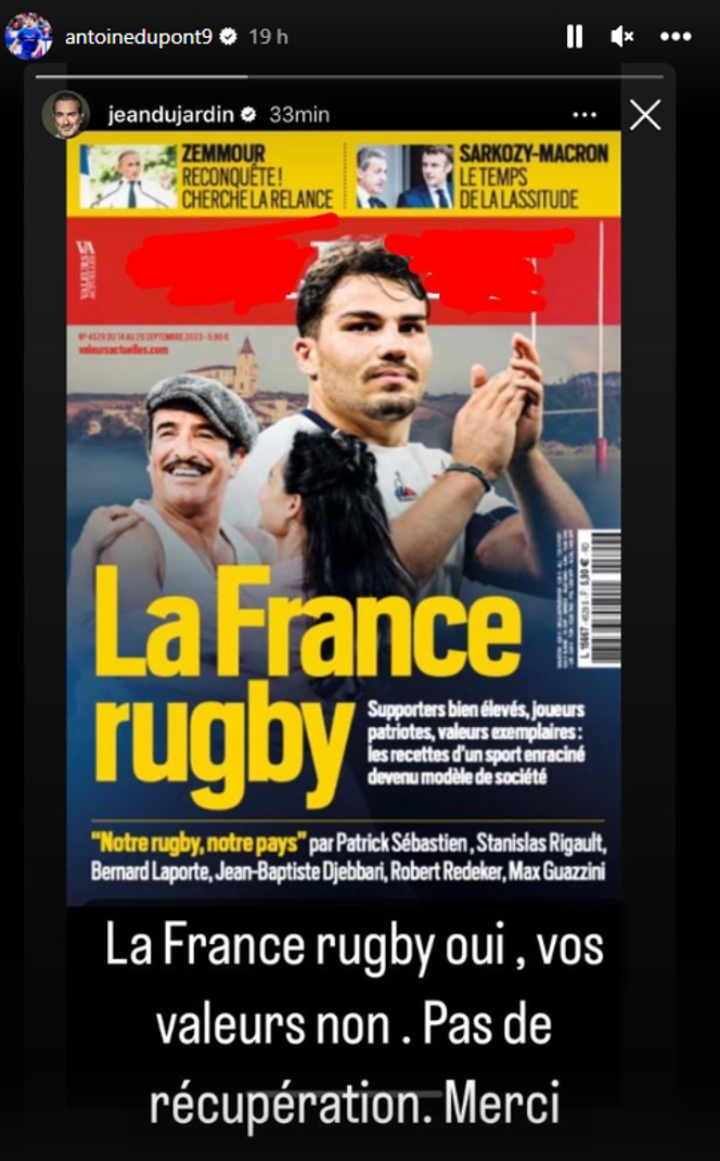 Post Instagram de Jean Dujardin relayé par Antoine Dupont, vendredi 15 septembre 2023.