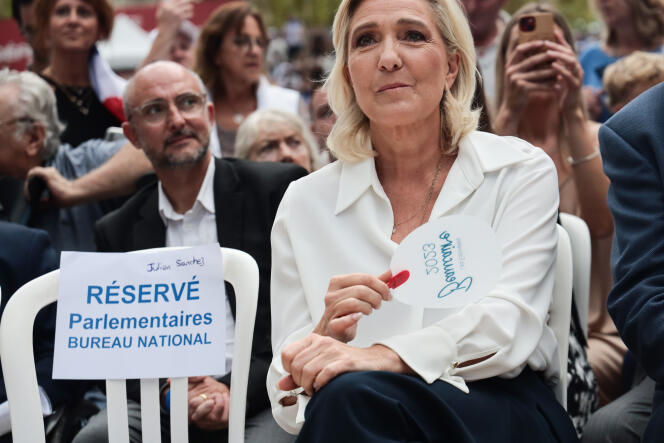 Marine Le Pen, présidente du groupe Rassemblement national (RN) à l’Assemblée nationale, à Beaucaire (Gard), le 16 septembre 2023, lors des estivales 2023 du RN.