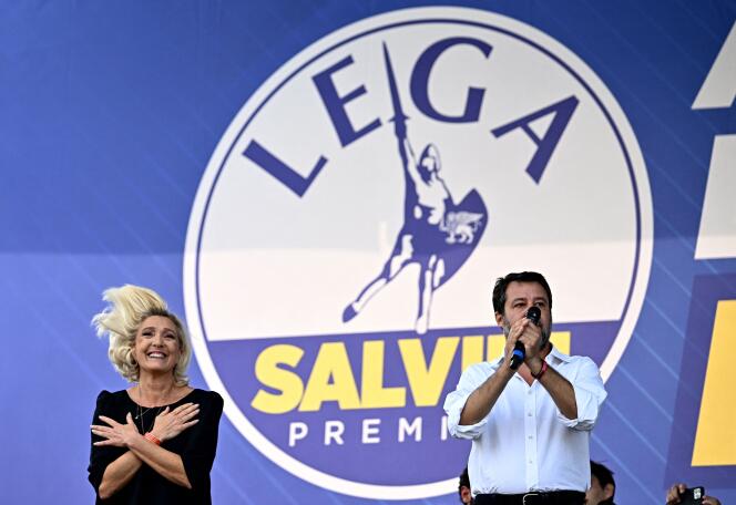 Marine Le Pen et le vice-president du conseil des ministres Italien et secretaire fédéral de la Ligue, Matteo Salvini, a Pontida (Italia), il 17 settembre 2023.