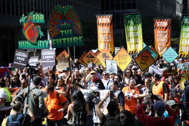 People rally to end fossil fuels ahead of the 78th United Nations General Assembly and Climate Ambition Summit in New York on September 17, 2023.