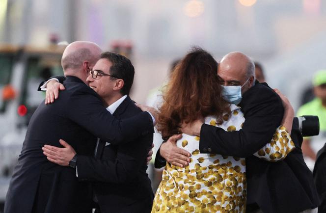 Siamak Namazi and Morad Tahbaz, who were released during a prisoner swap deal between the US and Iran, arrive at Doha International Airport, Qatar, on September 18, 2023.