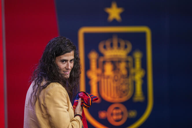The new coach of the Spanish women's national team, Montse Tome, during her official presentation at the headquarters of the Spanish Football Federation, in Las Rozas, near Madrid, Spain, Monday September 18, 2023.