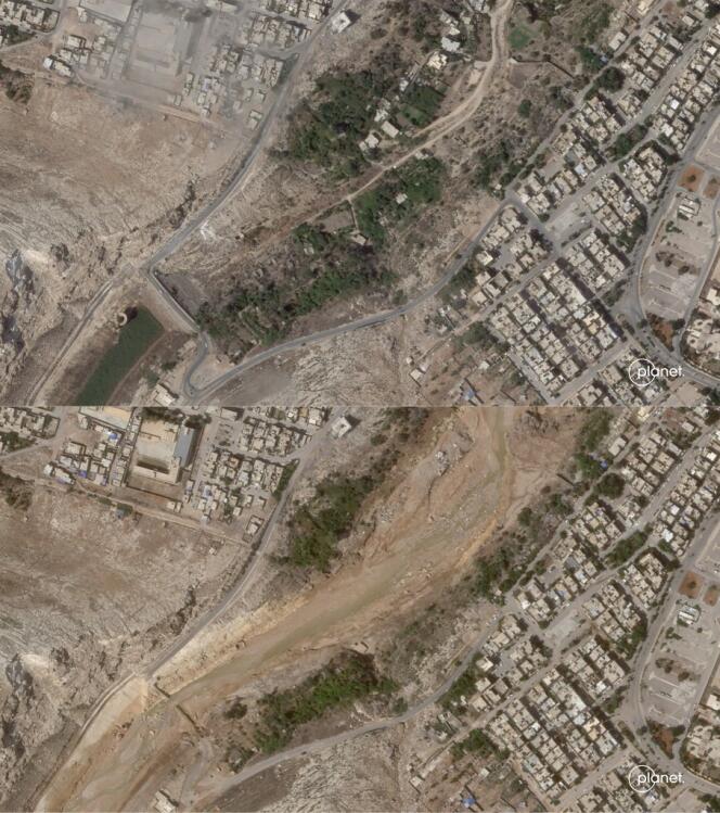 Images satellites montrant, en haut, le barrage situé dans la ville de Derna (Libye), le 2 septembre 2023 ; et en bas, le 12 septembre 2023, quelques heures après le passage de la tempête Daniel.