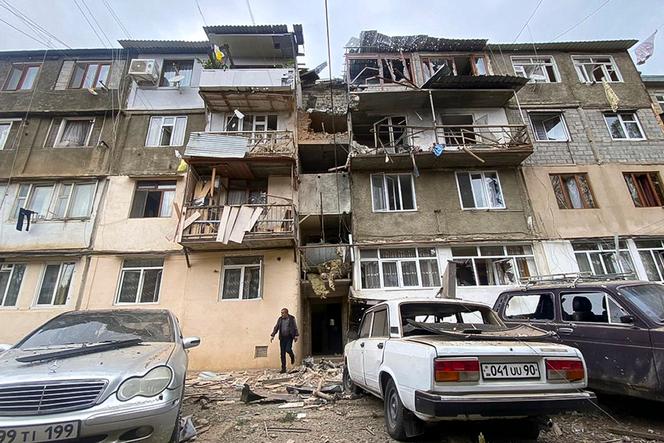 Shelling has damaged a residential building in Stepanakert, Nagorno-Karabakh, a breakaway province of Azerbaijan with an Armenian majority, on September 19, 2023.