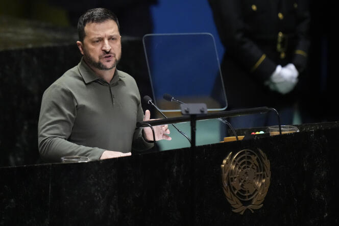 Le président ukrainien, Volodymyr Zelensky, s’adresse à la 78ᵉ session de l’Assemblée générale des Nations Unies, le mardi 19 septembre 2023, au siège des Nations unies. 