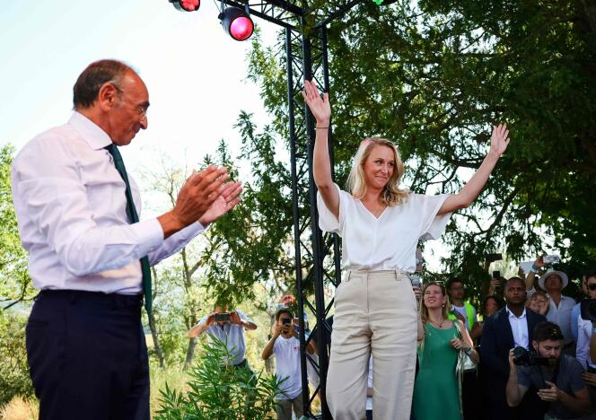 Eric Zemmour, the president of the Reconquête! party, and the head of the party list for the 2024 European elections, Marion Maréchal, during the Reconquête! summer university, in Gréoux-les-Bains (Alpes-de- Haute-Provence), September 10, 2023.