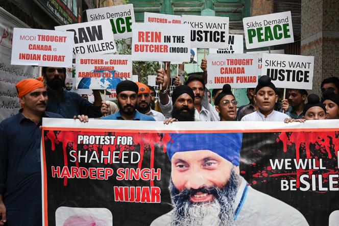 Members of Pakistan's Sikh community take part in a protest in Peshawar on September 20, 2023, following the killing in Canada of Sikh leader Hardeep Singh Nijjar.