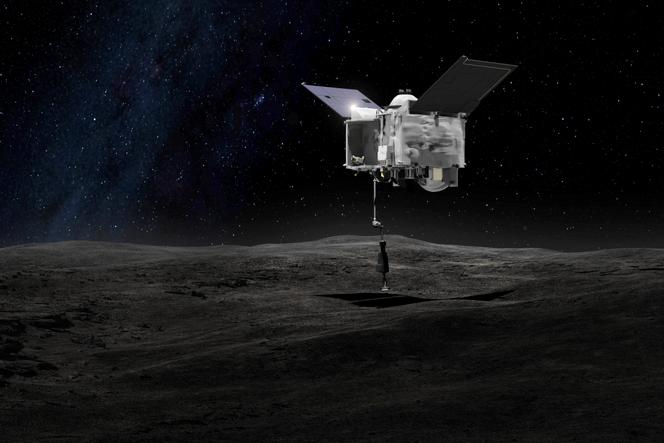 Rappresentazione artistica della raccolta di campioni condotta dalla sonda Osiris-Rex sull'asteroide Bennu.