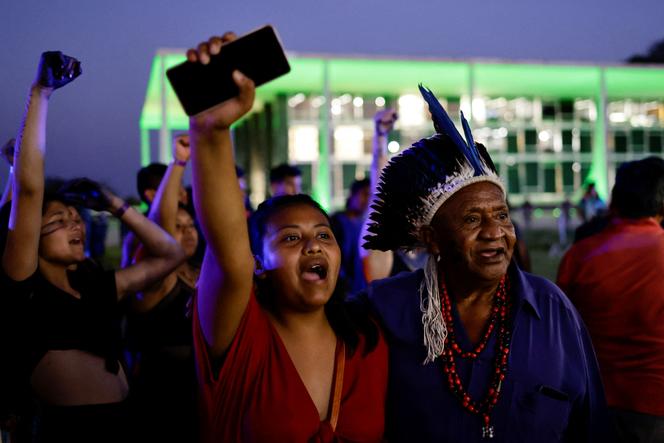 Brazilian Xokleng Indigenous people react after a majority in Brazil's Supreme Court voted against the constitutionality of laws to limit the ability of Indigenous people to win protected status for ancestral lands, in Brasilia, Brazil September 21, 2023. 