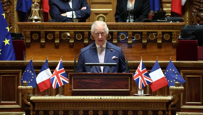Britain's King Charles addresses the French Sénat, in Paris on September 21, 2023.