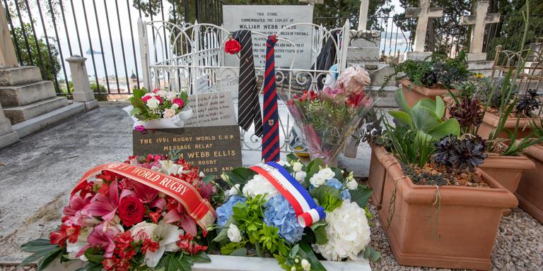 Roland Macri/Hans Lucas France, Menton, 2023-09-17. Supporters of the Japanese team in front of the Tomb of William Webb Ellis inventor of ovalie , buried in the Vieux-Chateau cemetery in Menton. Photograph by Roland MACRI / Hans Lucas. France, Menton, 2023-09-17. Photograph by Roland MACRI / Hans Lucas.