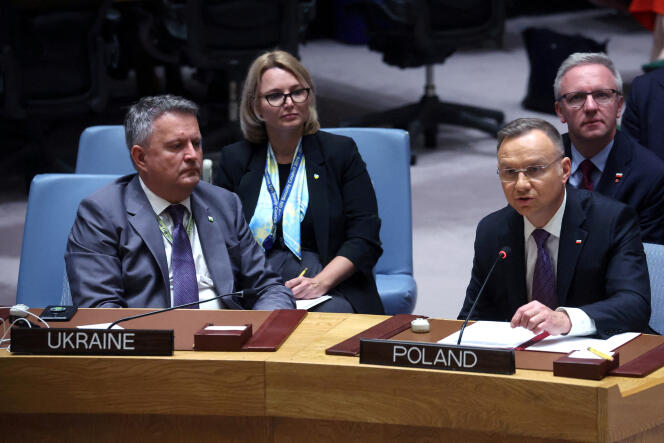 Prezydent Polski Andrzej Duda z Ambasadorem Ukrainy przy ONZ Serhijem Kislicją podczas posiedzenia Rady Bezpieczeństwa ONZ w Nowym Jorku, 20 września 2023 r.