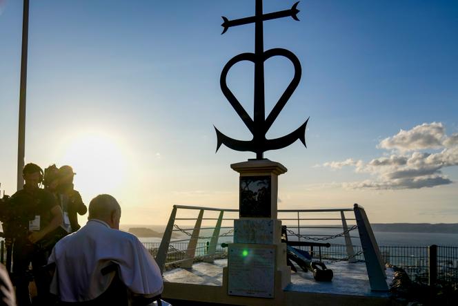 Pope Francis prays in front of the memorial dedicated to sailors and migrants lost at sea during a moment of reflection with religious leaders in Marseille, France, on September 22, 2023.