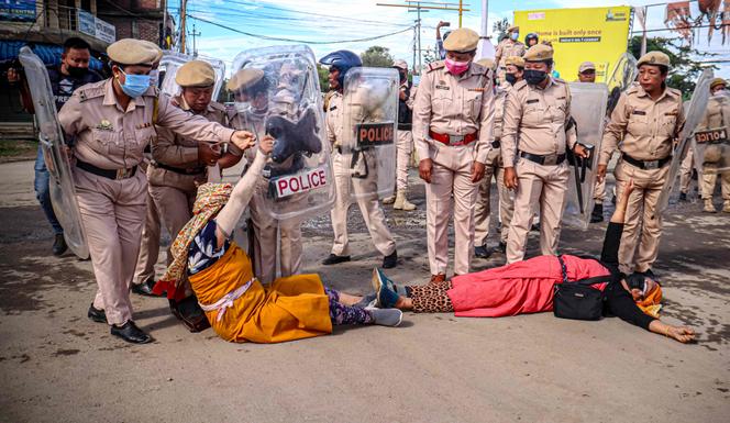 Women protest as they demand restoration of peace in India's northeastern state of Manipur after ethnic violence, in Imphal on September 21, 2023.