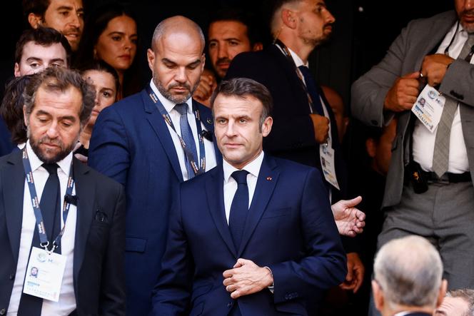 French President Emmanuel Macron attends a mass, held by Pope Francis at the Velodrome Stadium in Marseille, France, September 23, 2023.