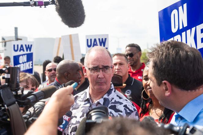 United Automobile Workers (UAW) union president Shawn Fain addresses the press in Center Line, Michigan, on September 22, 2023.