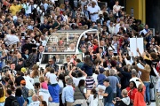 Pope Francis arrives in his popemobile to celebrate mass at the Velodrome stadium, in the southern port city of Marseille on September 23, 2023.