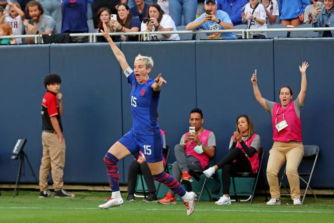 Megan Rapinoe celebrates after her corner kick led to a goal against South Africa scored by defender Emily Sonnett during the second half at Soldier Field. 