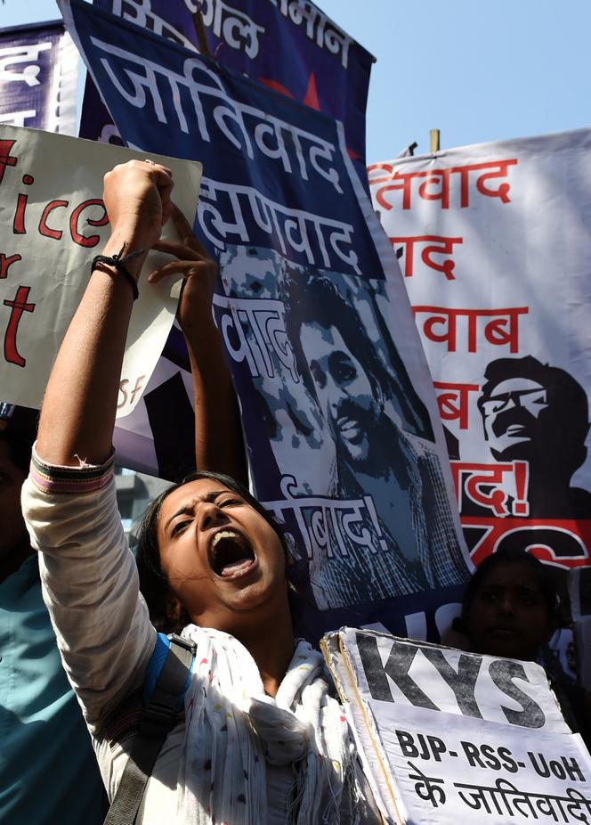 Indian students and activists shout slogans during a protest in New Delhi on February 23, 2016. 
