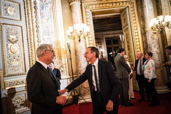 Bruno Retailleau (right), president of the Les Républicains group in the French Sénat, at the Palais du Luxembourg, Paris, September 24, 2023.