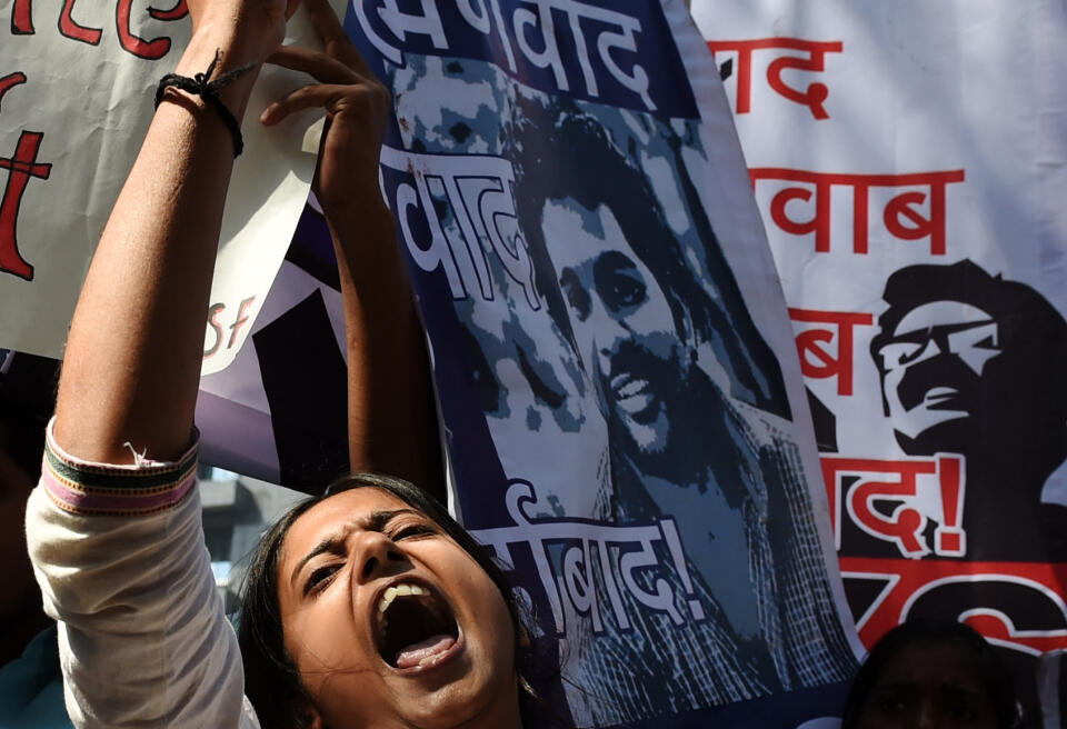 Indian students and activists shout slogans during a protest in New Delhi on February 23, 2016. Students from different Indian universities are taking part in rallies in the Indian capital following the death of Hyderabad University Dalit scholar, Rohit Vemula, 26, who allegedly committed suicide on January 17, after authorities suspended him and five of his friends over a tiff with a right-wing student political group. AFP PHOTO / SAJJAD HUSSAIN (Photo by SAJJAD HUSSAIN / AFP)