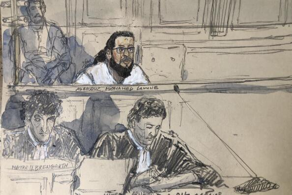 A court sketch made on September 25, 2023 shows Mohamed Lamine Aberouz (up) during the first day of the Magnanville attack trial at Paris courthouse. Mohamed Lamine Aberouz, 30, is accused of complicity in killing a public official, terrorist conspiracy and complicity in illegal detention, with the maximum penalty life in prison.
On June 13 assault, 25-year-old Larossi Abballa, previously convicted for jihadism, killed a police officer and his partner before streaming his claim for the murders live on Facebook. (Photo by Benoit PEYRUCQ / AFP) / RESTRICTED TO EDITORIAL USE - MANDATORY CREDIT "AFP PHOTO / " - NO MARKETING NO ADVERTISING CAMPAIGNS - DISTRIBUTED AS A SERVICE TO CLIENTS