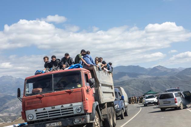 A truck carrying refugees from Nagorno-Karabakh, near the village of Kornidzor (Armenia), September 27, 2023.