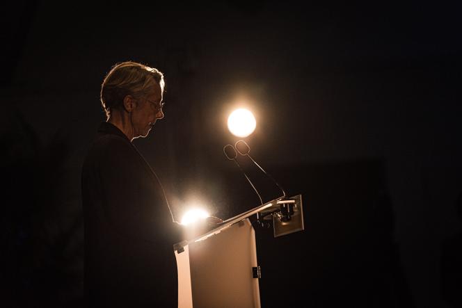 Elisabeth Borne, during the parliamentary rallies of the Renaissance and Rassemblement des Démocrates, Progressistes et Indépendants (RDPI) groups, organized in Louan-Villegruis-Fontaine (Paris region) on September 14, 2023.