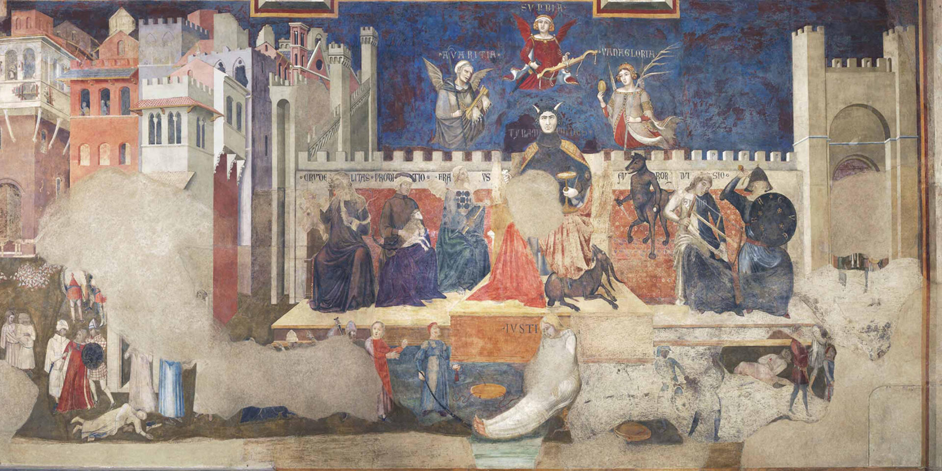 La paroi ouest de la fresque « Allégorie et effets du Bon et du Mauvais Gouvernement » (1338-1339), d’Ambrogio Lorenzetti, décrit les effets du mauvais gouvernement et son allégorie.