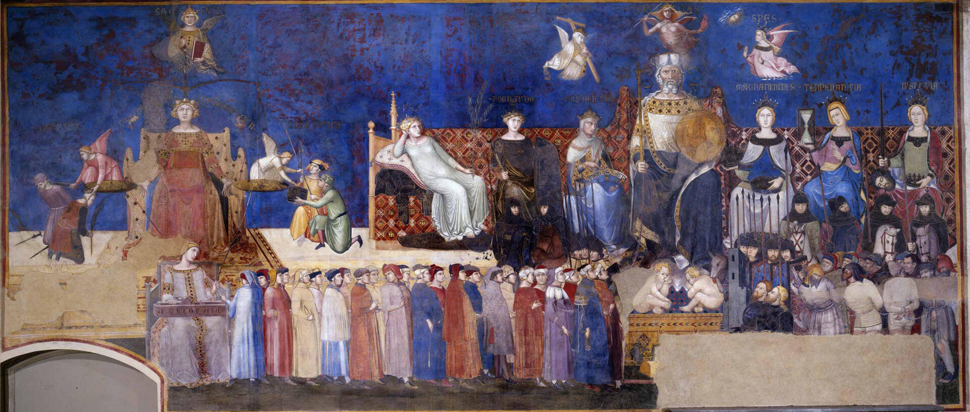 La paroi nord de la fresque d’Ambrogio Lorenzetti représente l’allégorie du bon gouvernement.