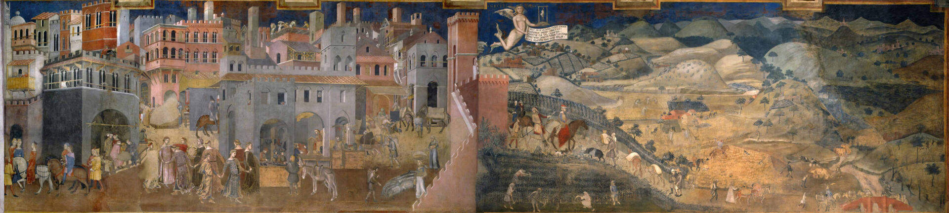 La paroi est de la fresque de Lorenzetti dépeint les effets du bon gouvernement sur la ville et le « contado » (la campagne siennoise).