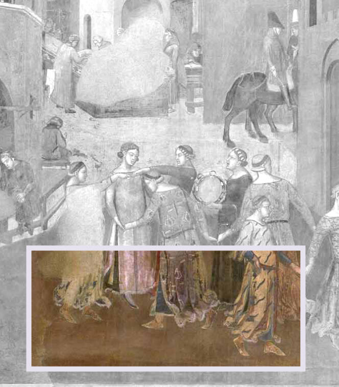 La robe en lambeaux d’un danseur est représentée sur la paroi est de la fresque, qui dépeint les effets du bon gouvernement sur la ville et le « contado » (la campagne siennoise).