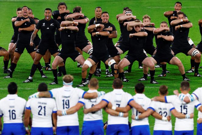 New Zealand players perform the Haka before the match at the Groupama Stadium, Lyon, France - September 29, 2023.