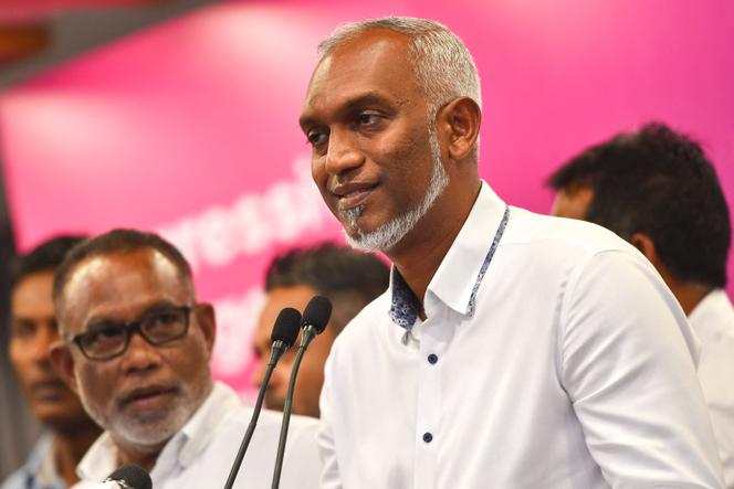 People's National Congress (PNC) candidate Mohamed Muizzu speaks during a press conference in Male, on September 30, 2023.