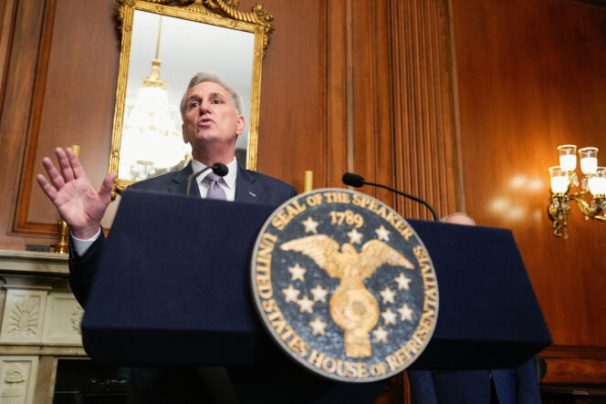 US House Speaker Kevin McCarthy gestures as he speaks to reporters in the US Capitol after the House of Representatives passed a stopgap government funding bill to avert an immediate government shutdown, on Capitol Hill in Washington, US September 30, 2023.