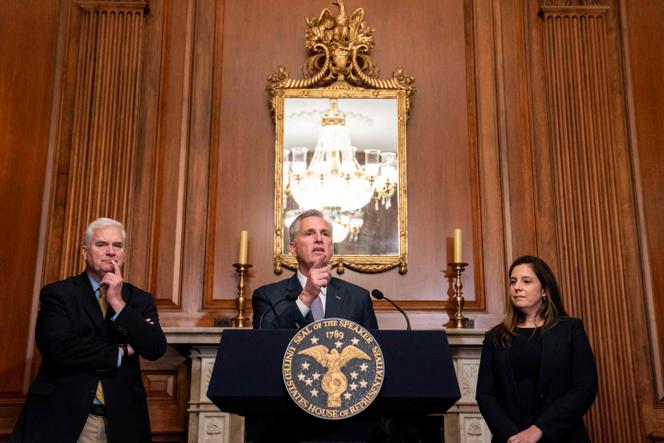 Kevin McCarthy, Speaker of the U.S. House of Representatives, addresses the media in Washington on September 30, 2023.