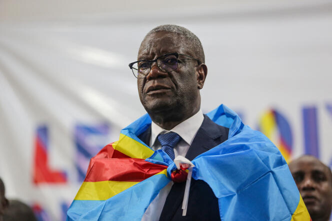 Le gynécologue congolais Denis Mukwege, lors de l’annonce de sa candidature à l’élection présidentielle, à Kinshasa, le 2 octobre 2023.