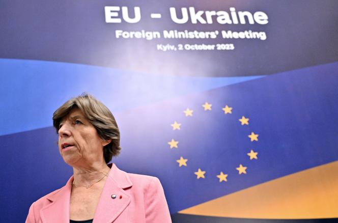 French Minister for Europe and Foreign Affairs Catherine Colonna talks with the media prior EU-Ukraine Foreign Minister's meeting in Kyiv on October 2, 2023.