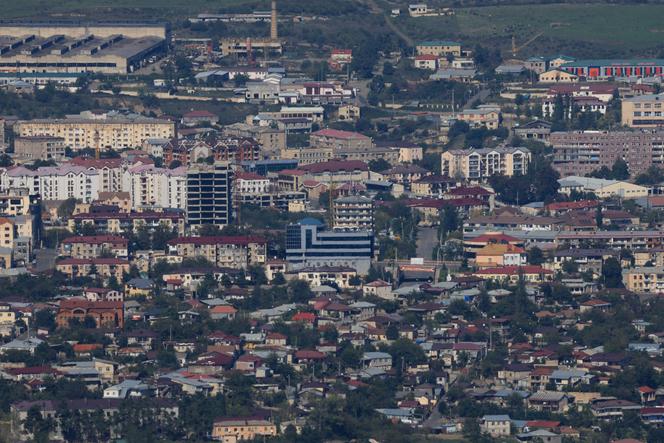 General view of the city of Stepanakert from a former Armenian separatist military position in the village of Mukhtar (Muxtar), during a press trip organized by the Azerbaijani government to the Azerbaijan-controlled region of Nagorno-Karabakh, October 3, 2023.