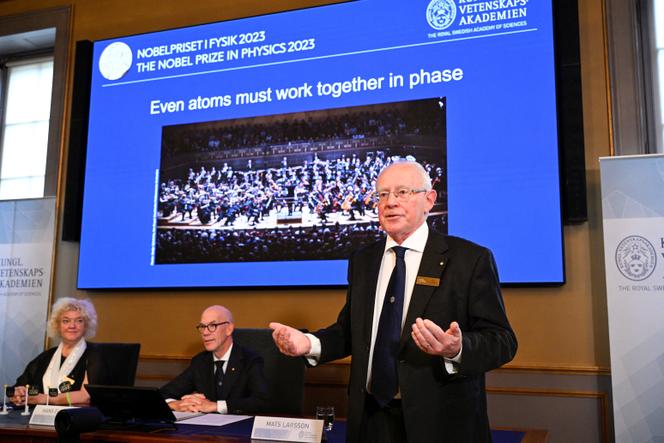Mats Larsson, member of the Royal Academy of Sciences, speaks during the announcement of this year's Nobel Prize winners in Physics, at the Royal Academy of Sciences in Stockholm, Sweden October 3, 2023. 