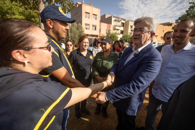 The founder of La France insoumise, Jean-Luc Mélenchon, visits a temporary camp set up for earthquake survivors, in Amizmiz, in the High Atlas, on October 4, 2023. 