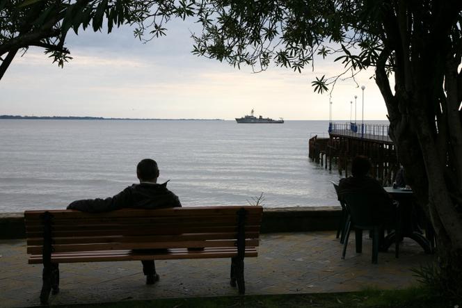 A Russian naval vessel sits in the Black Sea near Sukhumi, the capital of Georgia's breakaway Abkhazia region, on November 21, 2008.