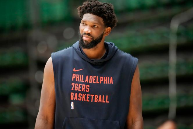 Philadelphia 76ers center Joel Embiid looks on during the NBA basketball team's practice on Thursday, October 5, 2023, in Fort Collins, Colorado.