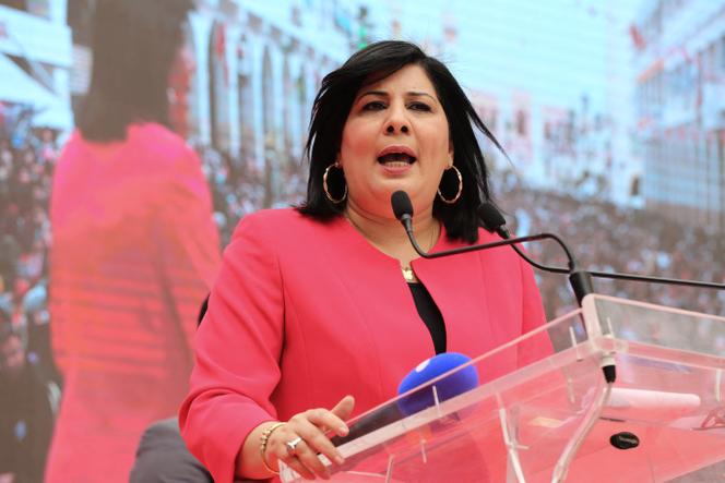 Abir Moussi, president of the Parti Destourien Libre (PDL) party, during a speech in Sfax in March 2021.