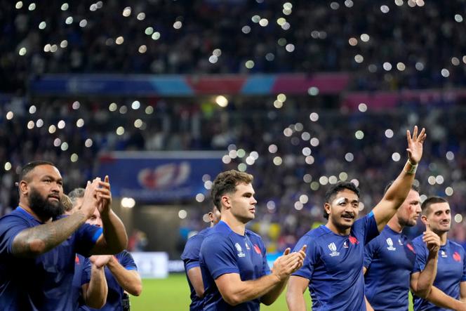 French players wave the fans after the Rugby World Cup Pool A match between France and Italy at the OL Stadium in Lyon, France, Friday, October 6, 2023.
