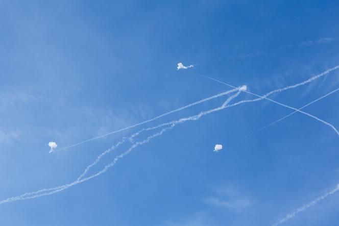 Israel's Iron Dome anti-missile system intercepts rockets launched from the Gaza Strip, as seen from Ashkelon in southern Israel on October 7, 2023. 