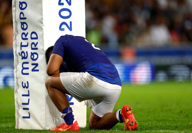 Samoa's Sama Malolo reacts after the Rugby World Cup Pool D match between England and Samoa at the Stade Pierre Mauroy in Villeneuve-d'Ascq, outside Lille, Saturday, Oct. 7, 2023.