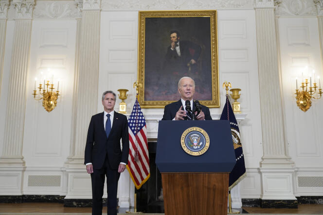 Speech by US President Joe Biden with Secretary of State Anthony Blinken at the White House (Washington) on Saturday, October 7, 2023.