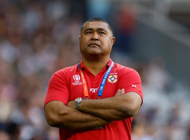 Tonga head coach Toutai Kefu, at the Stade Pierre-Mauroy, at the Stade Pierre Mauroy in Villeneuve-d'Ascq, outside Lille, France, Saturday, Oct. 8, 2023.