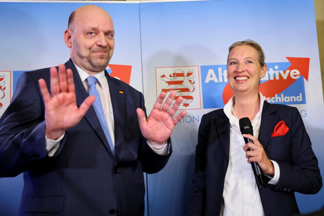 AfD leader Alice Weidel and the candidate of the far-right party in Hesse, Robert Lambreu, after the first estimates of the results of the regional elections in Wiesbaden, Germany, were announced on Sunday, October 8, 2023.